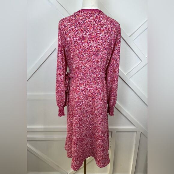 Max Studio Floral Dot Print Balloon Sleeve Wrap Dress In Dark Pink Size Large - Picture 5 of 10